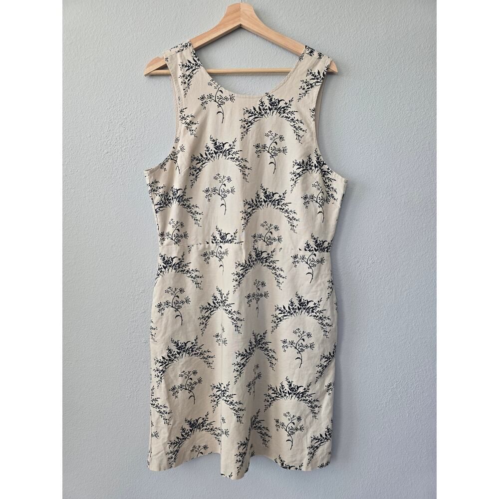 Gap Floral Linen Blend Dress 14 Tall Pockets Back Zip Cream Navy Summer Casual